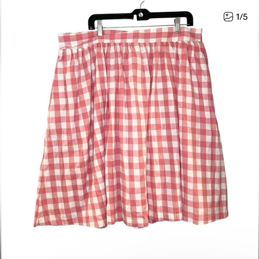 Modcloth Retro 50s Skirt Plus 2X Check Pink White Cotton Pockets Elastic Waist